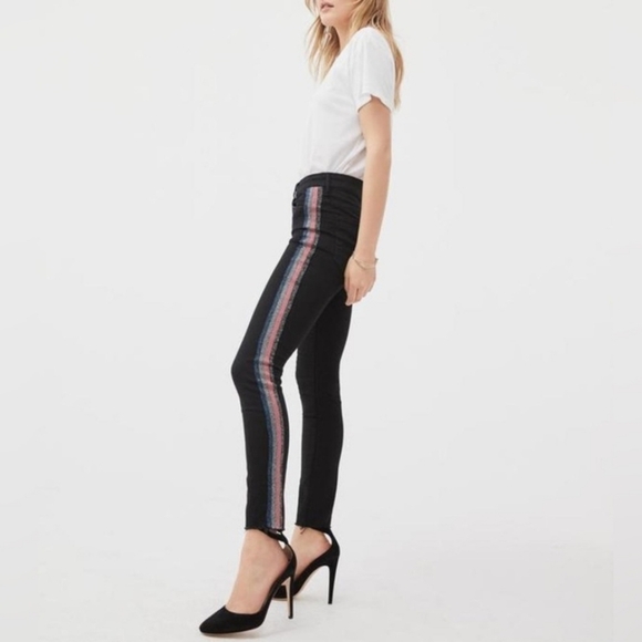 Mother HighWaist looker Ankle fray Black Skinny Jeans In guilty Glitter Racer 28 - Picture 1 of 12